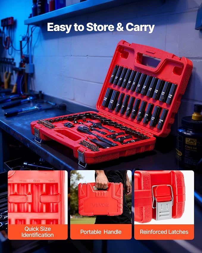 VEVOR 96 Piece 3/8" Drive Impact Socket Wrench and Bit Set, SAE (5/16" to 3/4") & Metric (8 to 22 mm), CR-V, Deep & Shallow, 6 Point, Ratchet, Universal Joint, Bit Holder, Adapters, Spark Plug Socket
