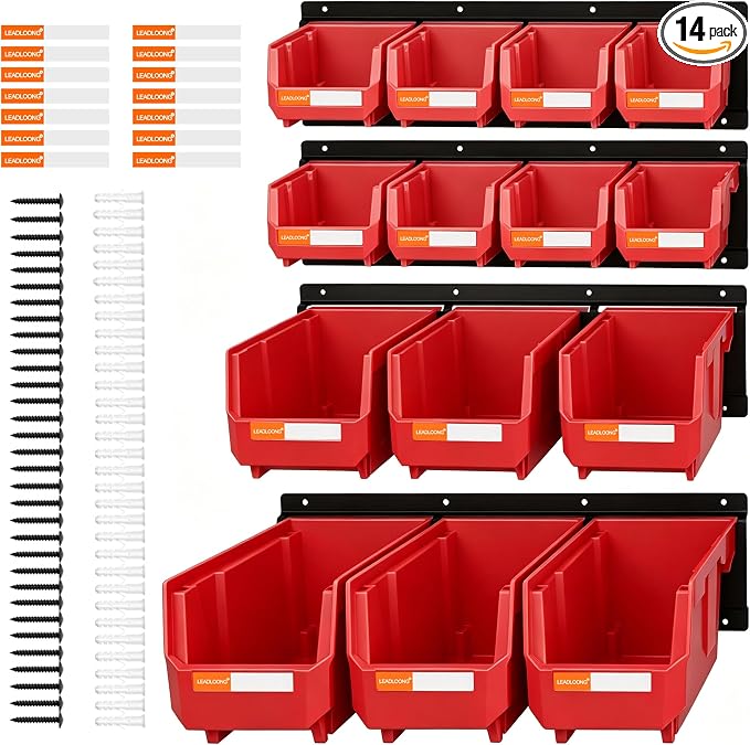 14pc Wall-Mounted Organizer V1 V2 V3 Master Combo Set Red | Heavy duty metal rails multi-size bins master set for garage screws, tools, batteries & wrenches.