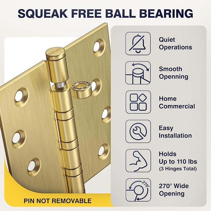 KOLET Ball Bearing Gold Door Hinges, 4 x 4 Inches Square Door Hinges Satin Gold, Square Corner, Stainless Steel Hinges, Heavy Duty, Smooth and Non Removable Pin, 6 Pack