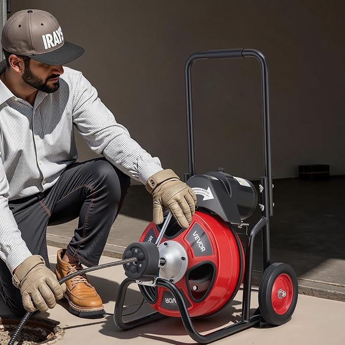VEVOR Drain Cleaner Machine 75 FT x 1/2 Inch, Auto Feed Sewer Snake Auger on Wheels, Portable Drain Cleaning Machine with 4 Cutters & Air-activated Foot Switch for 2" to 6" Pipes