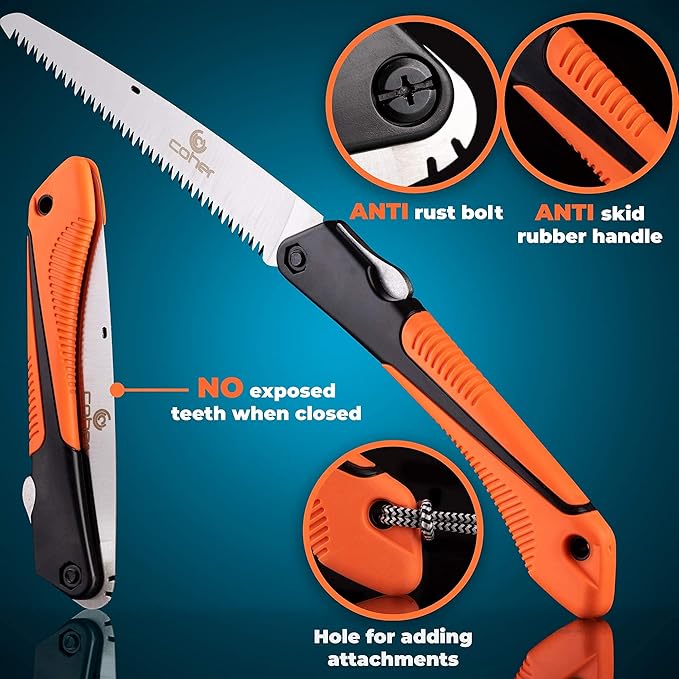 coher Folding Hand Saw for Tree Pruning, Camping, Gardening, Hunting. Cutting Wood, PVC, Bone with Ergonomic Handle Design