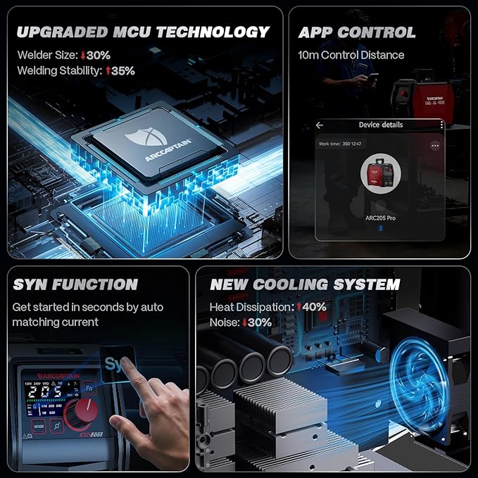 ARCCAPTAIN iControl ARC205 Pro Stick Welder, [APP Control] 205Amp ARC/Lift TIG Welding Machine, Large LED Display, IGBT Inverter 120V/240V MMA Welder with Hot Start, Arc force, and Anti-Stick