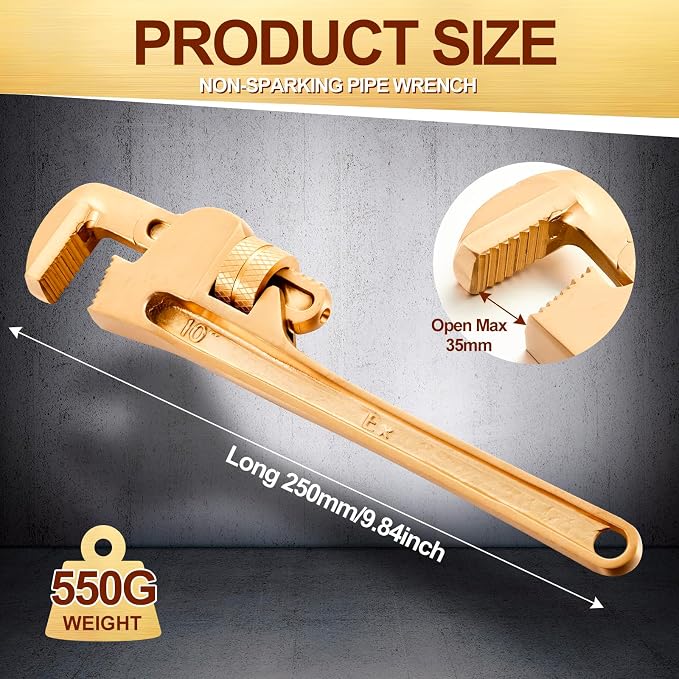 Hicarer 10'' Non-Sparking Pipe Wrench | Opening Max 35mm, Aluminum Bronze Spark-free Adjustable Pipe Spanner Straight Plumbing Wrench, Corrosion Resistant