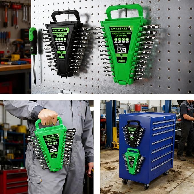 2-Piece Magnetic Wrench Organizer, Metric & SAE Portable Plastic Wrench Holder, 24-Slot Total, Foldable Carrying Handle for Wall-Mounted, Easy-Open Lock Cover, Wrenches Storage Rack Tool for Tool Box