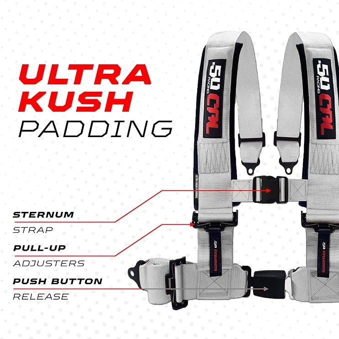 1pc 50 Cal Silver 4 Point Harness 3in Straps, Racing Harness Seat Belt | Ultra Kush padding, Push Button quick release hardware. Universal Fit for UTV, RZR, race car.