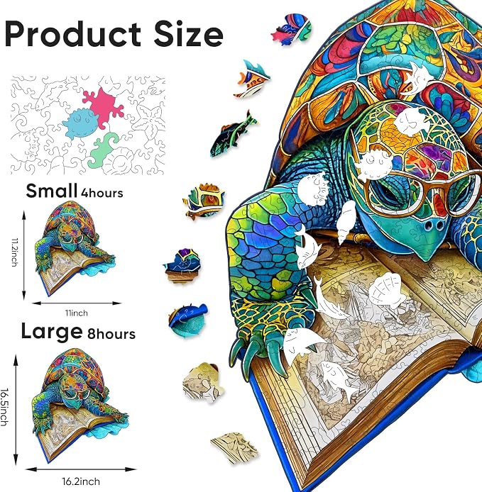 Bovearto Wooden Book Turtle Puzzle for Adults & Kids, Unique Shaped Ocean | Fun Family Game with Wooden Gift Box, Home Decor, 200 Piece (11"x11.2")