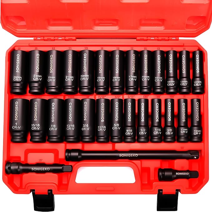 29-Piece 1/2" Drive Impact Socket Set，(3/8"-1", 10mm-24mm) | 6-Point Deep Standard SAE & Metric ,CR-V Steel Sockets with 3", 5", 10" Extension Bars and Storage Case