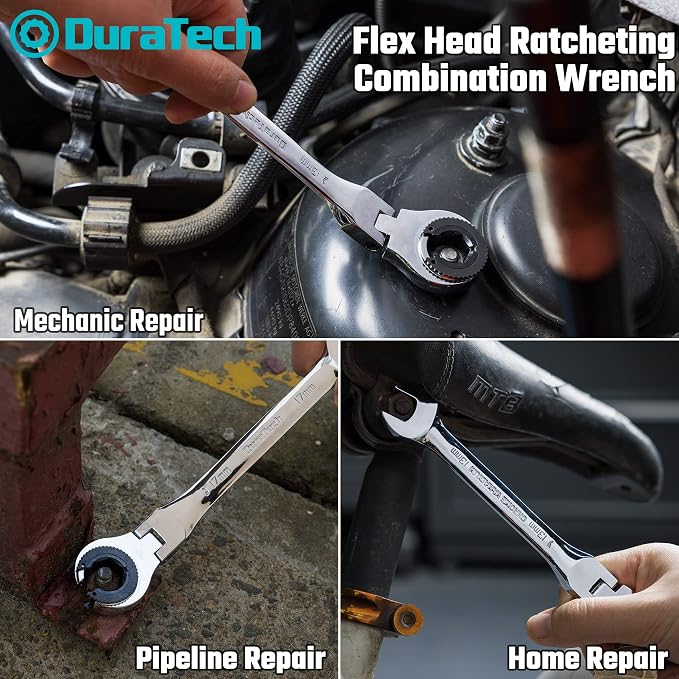 DURATECH 6-Piece Ratcheting Wrench Set with Open Flex-Head, Tubing Wrench | Metric, 10-17mm, 72-Tooth Gear, CR-V Steel, Organizer Bag, Gifts for Men