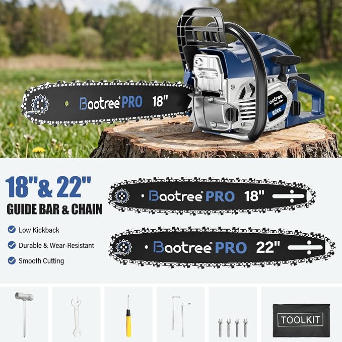 62cc 18 & 22 Inch Gas Chainsaw for Tree Cutting, Firewood, Logging | 2-Cycle Engine & Anti-Vibration System, Quick Start Technology
