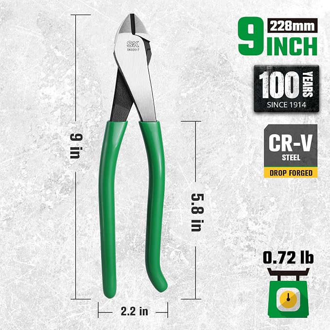 SK 9-Inch Angled Diagonal Pliers, Heavy Duty Side Cutters, Premium CR-V Steel Construction, Diagonal Cutting Pliers with Hook Bend Handle