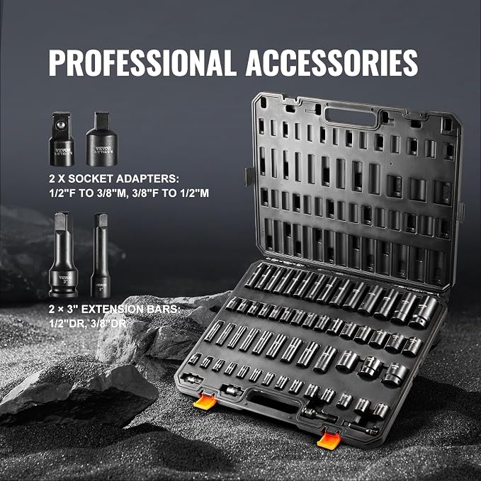 VEVOR Impact Socket Set 3/8" & 1/2" Socket Set 59PCS SAE 5/16" to 1-1/4" and Metric 6-32mm, 6 Point Cr-Mo Alloy Steel for Auto Repair, Easy-to-Read Markings, Rugged Construction, Storage Case