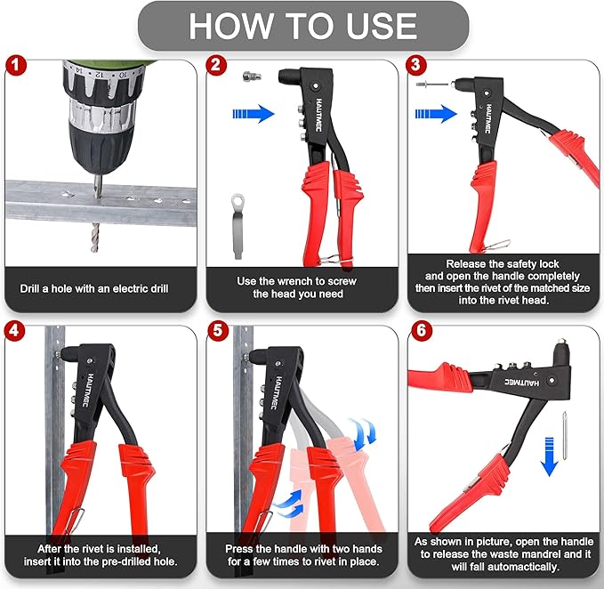 HAUTMEC Pop Rivet Gun with 4 Interchangeable Rivet Heads and Portable Wrench, Heavy Duty Durable Hand Riveter for Metal, HT0125-HR