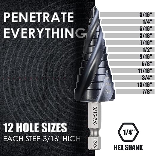 Matework M35 Cobalt Step Drill Bit, Four Spiral Flute Unibit Step Drill Bit (3/16"-7/8") Wear-Resistant TiAlN Coated, 1/4" Hex Shank for Metal, Carbon Steel, Stainless Steel, Wood, Plastic (12 Size)