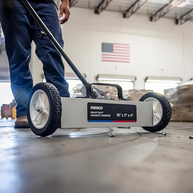 NEIKO 53415A 18” Rolling Magnetic Sweeper with Wheels, 45 Pound Capacity, Adjustable Handle & Floor Magnet Clearance Height, Metal Pick Up and Nail Magnet, Floor Sweeper for Construction, Shop, Etc.