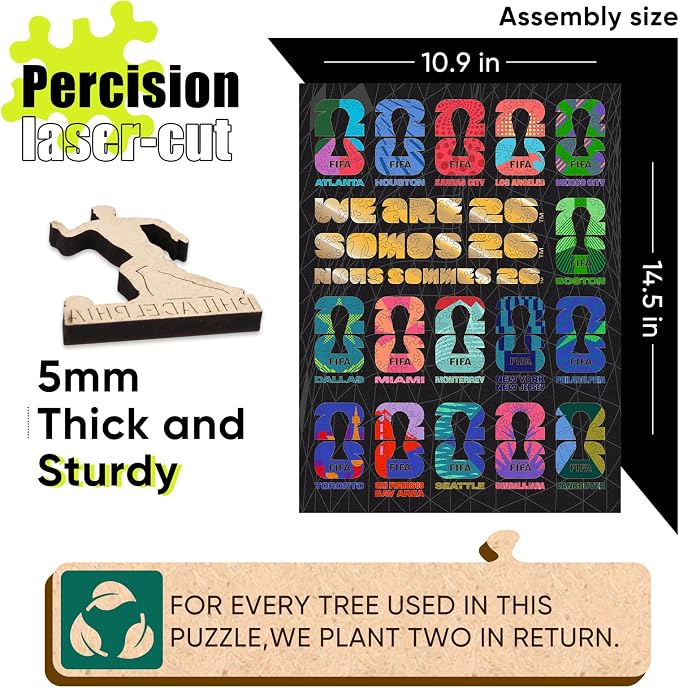 FIFA World Cup 2026 Wooden Jigsaw-Puzzle,Gift for Soccer Fan-Host Cities | Official Licensed,5MM Thick Soccer puzzles,Long-Lasting Display sports memorabilia collector,300 Pieces Irregular Shape