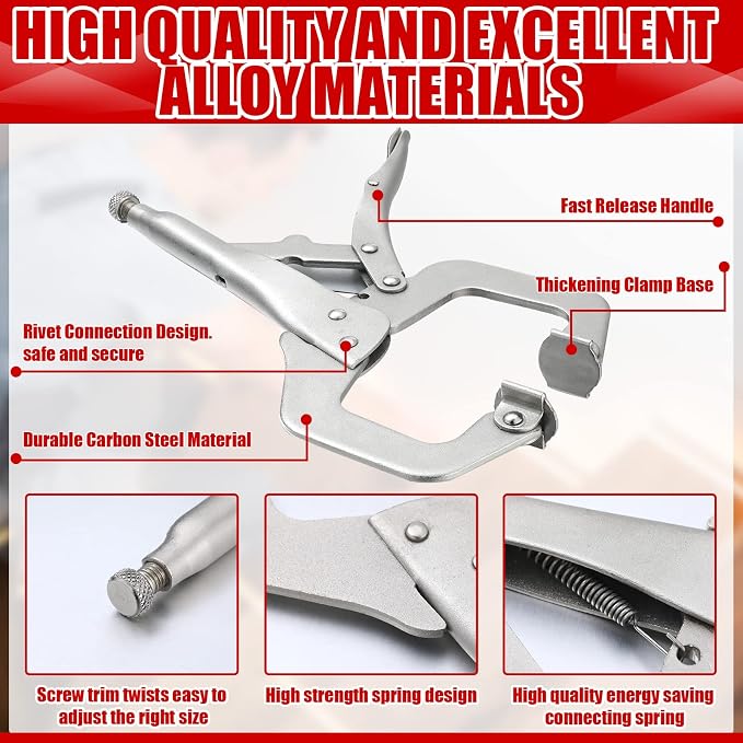 Yexiya 10 Pcs Locking C Clamp, Locking Pliers Adjustable Welding Clamp with Regular Tip and Swivel Pad for Shop Home Farm and Auto Workshop Woodworking, Cabinetry, Repair (11 Inch)