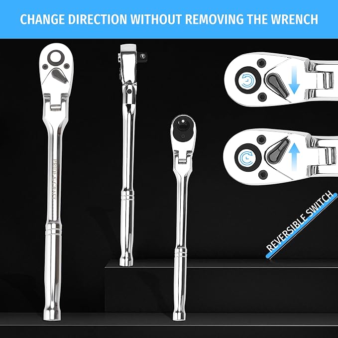 PRIDE&CRAFT 3pc Flex Head Ratchet Wrench Set, 1/4", 3/8", 1/2" Drive, 72-Tooth, Socket Wrench Quick Release Reversible Design, Chrome Alloy Made, EVA Organizer