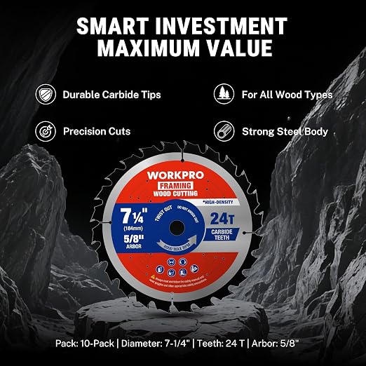 WORKPRO 7-1/4 Inch Woodworking Circular Saw Blades, 24T Contractor Bulk Framing, Thin Kerf, Carbide Tipped, ATB Tooth, 10-Pack