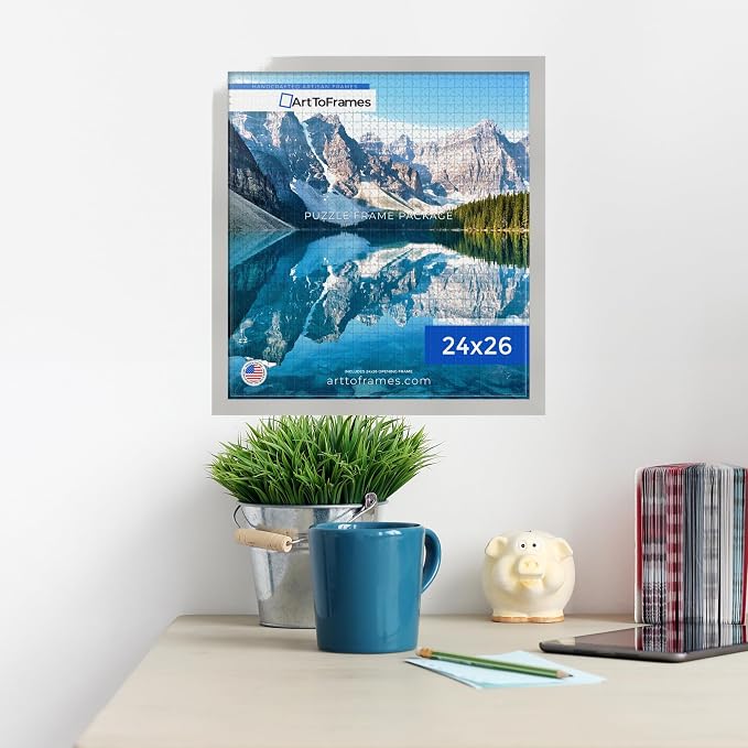 ArtToFrames Puzzle Frame for Buffalo Games 50 Piece Jigsaw Puzzles, 24x26 Inch (61x66 cm), Antique White Engineered Wood with Economy Acrylic, Ready to Hang Puzzle Display