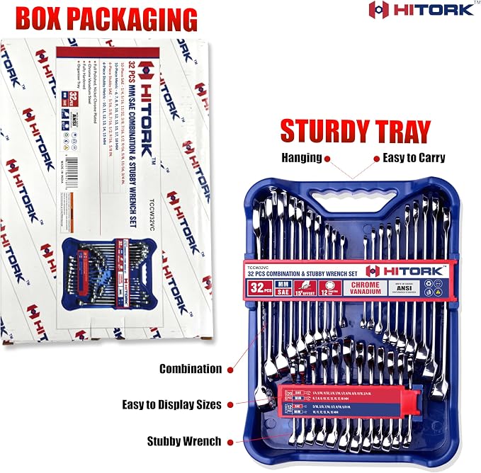 HITORK 32 Piece Combination Wrench Set, SAE and Metric, Standard and Stubby | 20 full length and 12 compact tools with 15° Offset Box ends and organizer tray improve access, control and tight space work