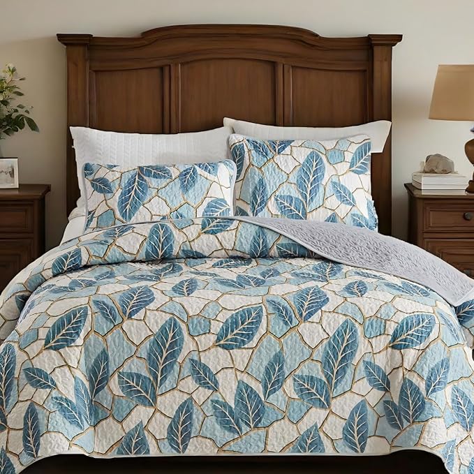 Quilts for Queen Bedding Set Green Bedspreads - Soft Lightweight Breathable Bedspread Comforter - Boho Cottagecore Leaves Coverlet for All Season - 3 Pieces (New-Green Leaves, Queen)