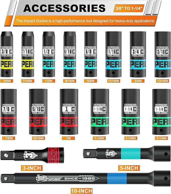 17 Piece 1/2" Drive Impact Socket Set, 3/8" - 1-1/4" Deep Socket, Include 3", 5", 10" Extension Bars, SAE, 6-Point, CR-V Steel, Cars, Motorcycles, Loosen the Fastening Nut