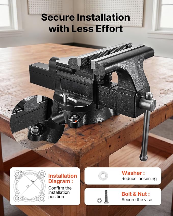 VEVOR Heavy Duty Bench Vise, 10" Jaw Width, Multi-Purpose Ductile Iron Bench Vise with Anvil and 360-Degree Locking Swivel Base, 4.3" Throat Depth, 10" Max Jaw Opening, for Drilling, Pipe Cutting