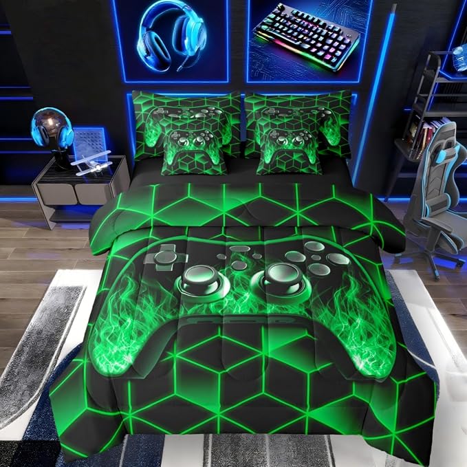 Gaming Consoles Comforter Set 7 Piece Bed in a Bag Twin,Neon Geometric Bedding Set,3D Geometric Gamer Comforter and Sheet Set Green Flame Bed Set,Gamer Decor for Boys Bedroom Gamer Gifts