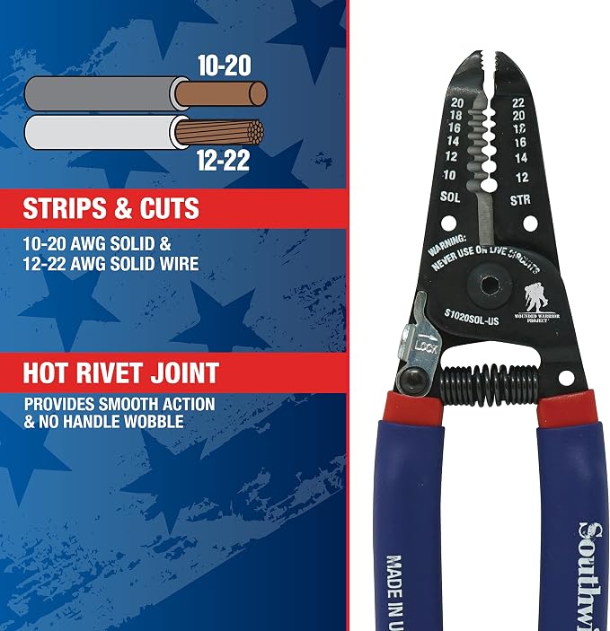 Southwire Wire Stripper and Cutter - Compact Tool for Efficient Electrical Work - Precision Shear-Type Blades - Comfortable Double-Dipped Grip - 10-20 AWG Solid
