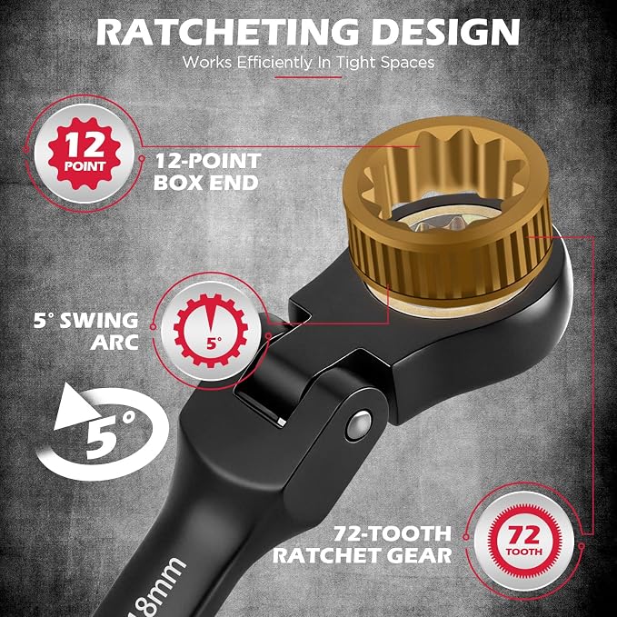 Premium 24-Piece Flex-Head Ratcheting Wrench Set, Metric(8–19mm)& SAE(1/4-7/8") Combination Wrenches, 72-Tooth CR-V Steel with Durable Black Finish, Ratchet Spanners with Roll-Up Tool Pouch for Repair