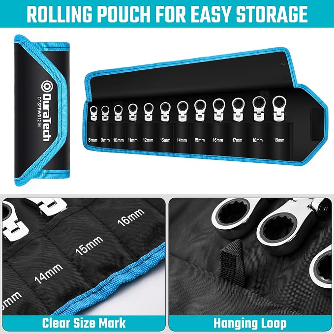 DURATECH Stubby Flex-head Ratcheting Wrench Set, Metric, 12-piece | 8mm-19mm, CR-V Steel, Corrosion Resistance, 72-Tooth, 5° swing arc, 180° Flexible, for Narrow Spaces, with Pouch