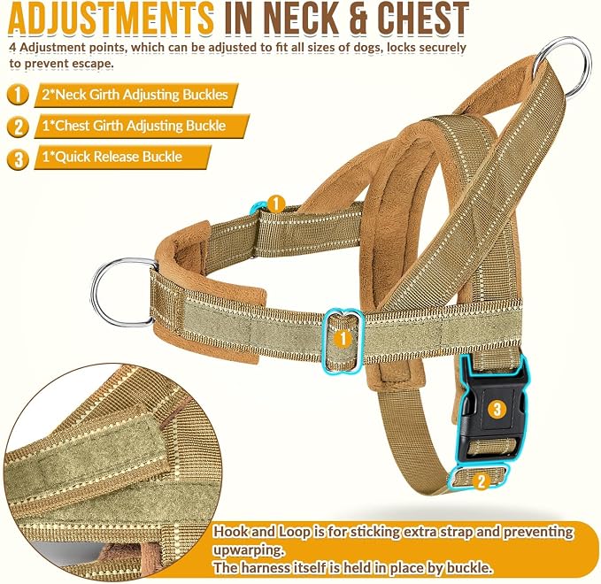 SlowTon No Pull Dog Harness with Front Clip - Heavy Duty, Soft Padded | Neck & Chest Adjustable, Tactical Pet Vest and Leash Set for Large Medium Sized Dogs, for Easy Walk & Training, Tan L