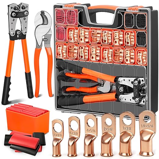 Kuject Battery Cable Lug Crimping Tool Kit with Copper Wire Lug AWG 1 2 4 6 8 1/0 Gauge, Wire Crimper for AWG 10-1/0 with Cable Cutter, 110PCS Battery Cable Ends with 110PCS 3:1 Heat Shrink Tubing