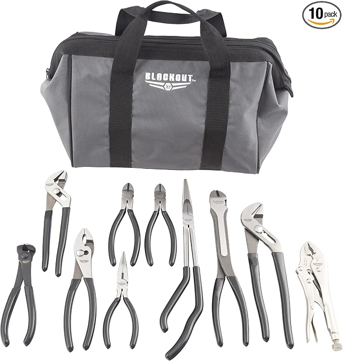 Blackout XP 10 Piece Pliers Set Tools with Zippered Carry Bag | Needle Nose, Wire Cutters, Slip Joint, and Locking Jaw Plier Mechanic Tools Set
