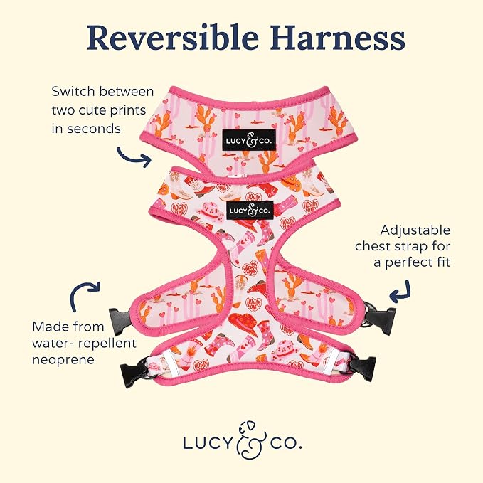 Lucy & Co. Reversible Dog Harness - Water-Repellent Neoprene, Dual-Print Design, Easy Swap Style, Adjustable Comfort Fit - Howdy Honey Reversible Harness - Medium