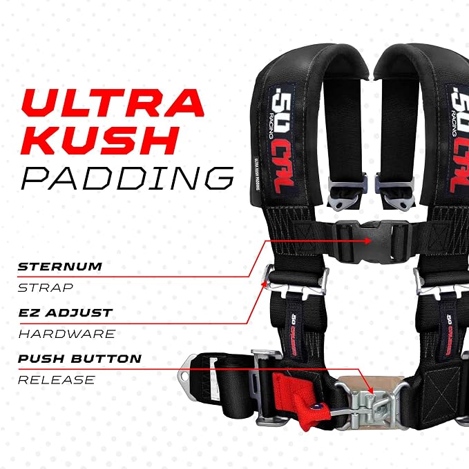 1pc 50 Cal Black 4 Point Harness 2 inch straps, Racing Harness Seat Belt | Ultra Kush padding, Push Button quick release hardware. Universal Fit for UTV, RZR, race car