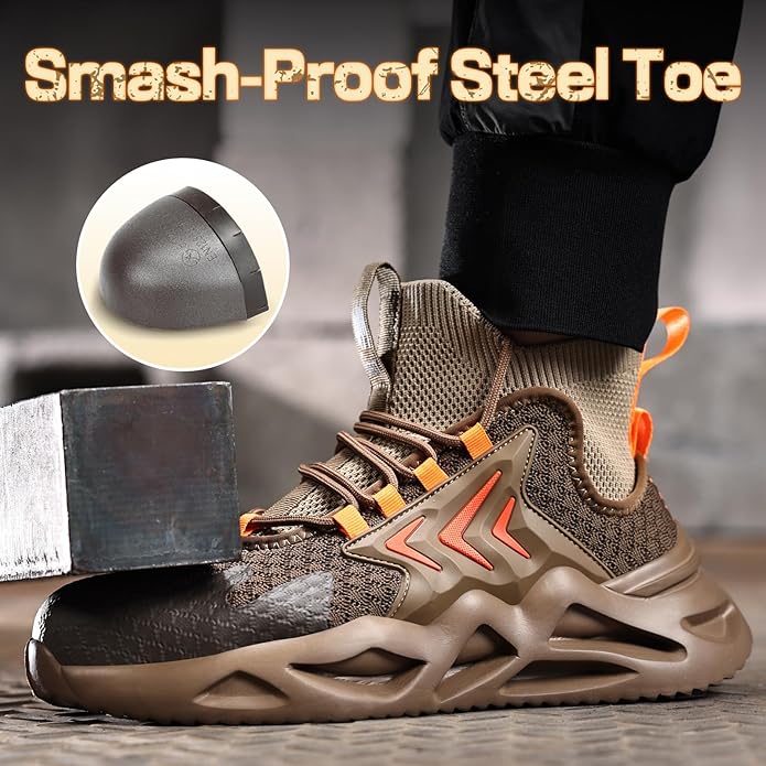 Steel Toe Boots for Men Work Boots for Men Breathable High Top Work Shoes Lightweight Indestructible Safety Shoes Industry Construction Safety Footwear