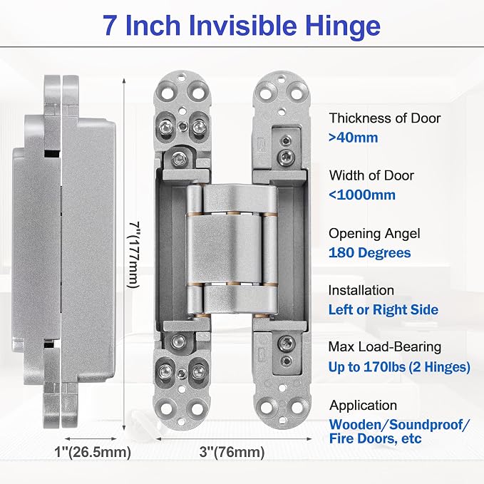 2Kits 7 inch Stainless Steel Hidden Door Hinges -Invisible Hinges for Doors, 180 Degree Swing Concealed Door Hinges, 3 Way Adjustable for Heavy Duty (‎Silver)