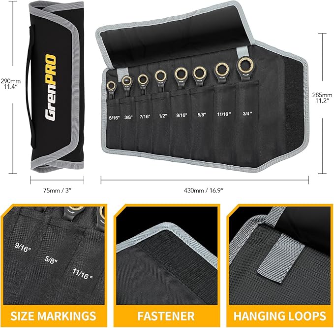 GRENPRO 9PC SAE Ratcheting Wrench Set 5/16"-3/4" Long Combination Open End | Includes Bolt Gauge, Electro-Coated CR-V Steel, 72-Tooth 5Deg Swing 12Pt Color Rings, Roll Pouch For Auto & Home Repair