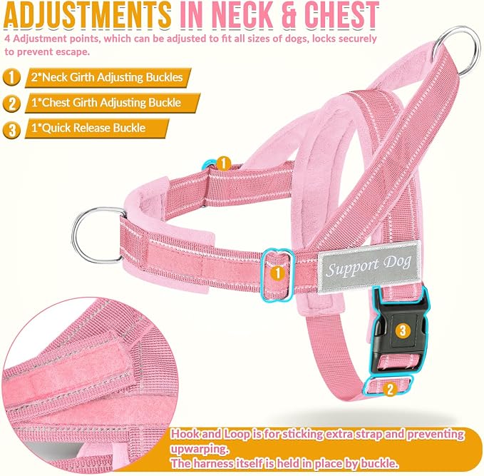 SlowTon No Pull Dog Harness with Front Clip - Heavy Duty, Soft Padded | Neck & Chest Adjustable, Tactical Pet Vest and Leash Set for Large Medium Sized Dogs, for Easy Walk & Training, Pink XL