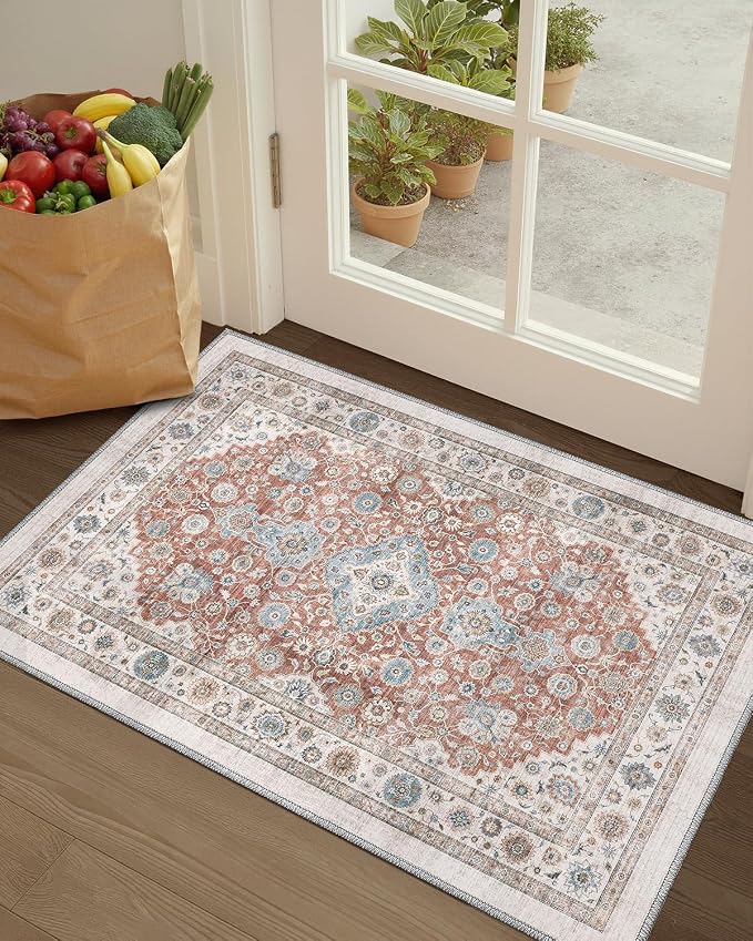 Color&Geometry Vintage Kitchen Rugs Sets of 3, Machine Washable 4mm Ultra Thin Stain Resistant Kitchen Floor Mats, Non Slip TPE Backing Runner for Sink,Hallway,Laundry,Entryway (2x3+2x5+2x7)