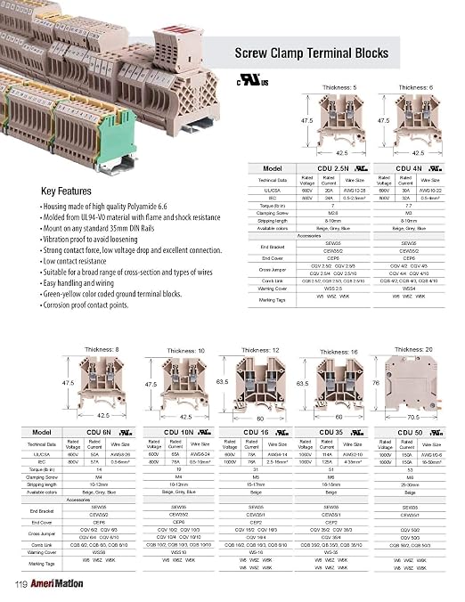 SDU2.5-B, DIN Rail Terminal Block, Spring clamp, Single Level, Feed Through, L53xH35.5xW5mm, 600V 18A, 12-28 AWG, Blue, 50pcs Bundle