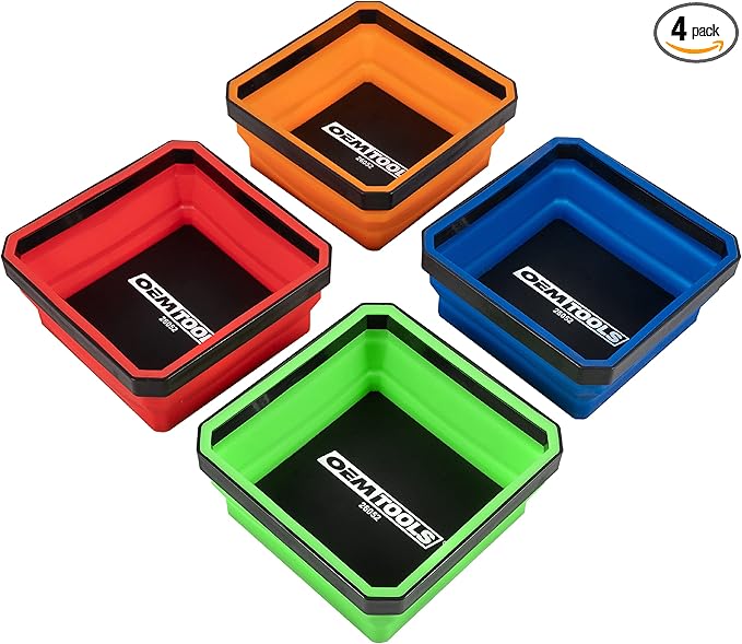 OEMTOOLS 26052 Foldable Magnetic Tray Set, Mothers Day Gifts, Magnetic Tray for Mechanic's Small Parts, Sorting and Storage, Collapsible, 4-1/2" Square, 2 lb. Capacity, 4 Color Gifts for Mom