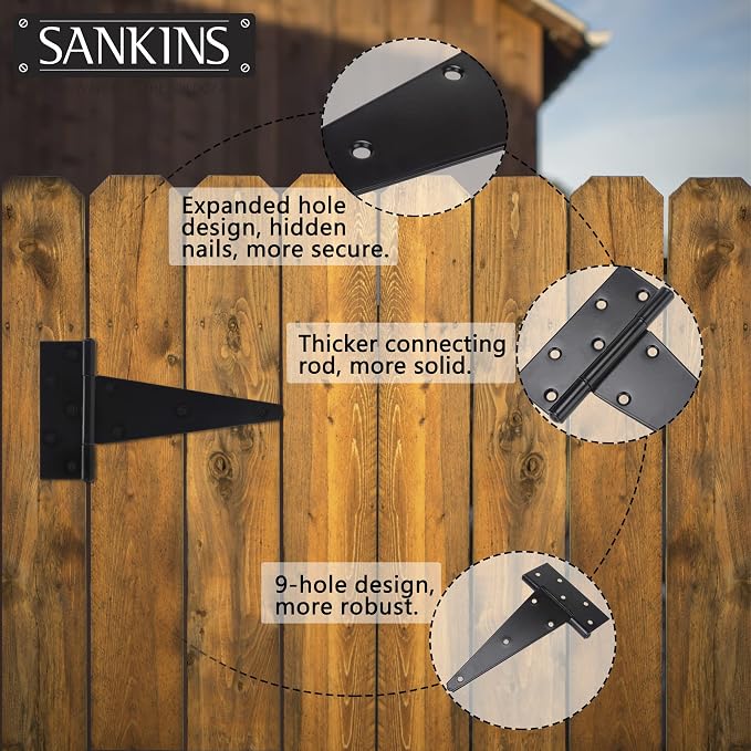 10 Inch T-Strap Shed Door Hinges Heavy Duty, Black Tee Hinge for Wooden Fences, Yard Door, Barn Door Gates, Wrought Hardware Rustproof, 4PCS