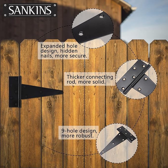 10 Inch T-Strap Shed Door Hinges Heavy Duty, Black Tee Hinge for Wooden Fences, Yard Door, Barn Door Gates, Wrought Hardware Rustproof, 2PCS