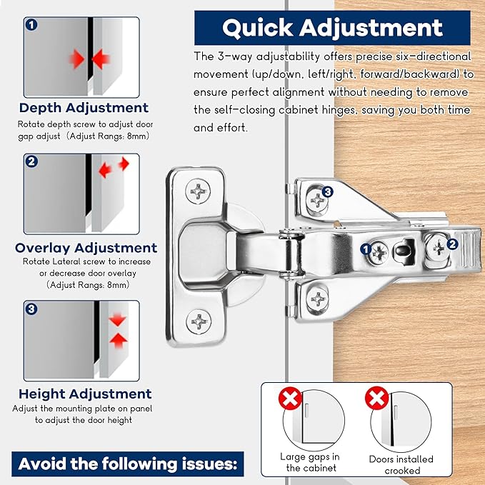20 Pack 1/2'' Overlay Face Frame Soft Close Hidden Cabinet Hinges, 105 Degree 3D Adjustable Clip On Plate Concealed Kitchen Cupboard Door Hinges with Screws