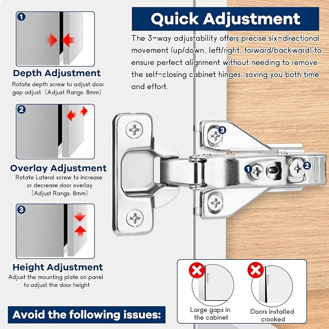 10 Pack 1/2'' Overlay Face Frame Soft Close Hidden Cabinet Hinges, 105 Degree 3D Adjustable Clip On Plate Concealed Kitchen Cupboard Door Hinges with Screws