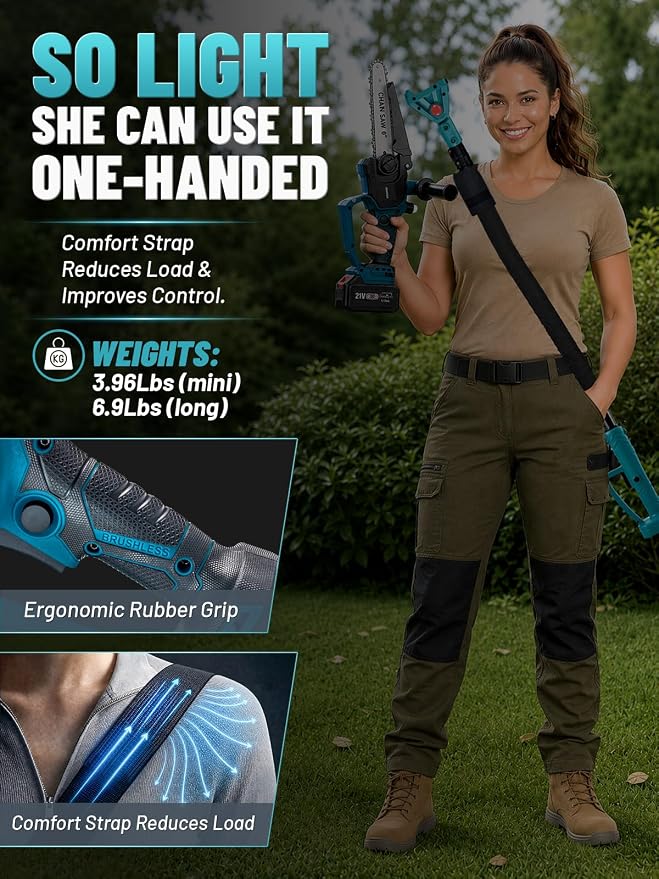 2-in-1 Electric Pole Saw for Tree Trimming,8'' Mini Chainsaw Cordless with Extension Pole,LED Light for Dim Environment, Battery Powered Pole Chainsaw for Tree Trimming 2x4.0Ah Rechargeable Batteries.