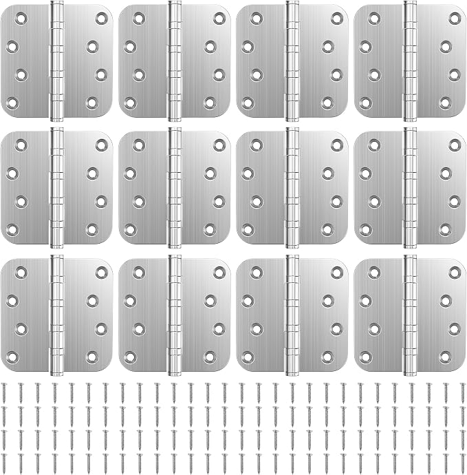 KOLET Ball Bearing Door Hinges, 4 x 4 Inches Exterior Door Hinges, 5/8'' Radius Corner Hinges, Heavy Duty Stainless Steel, Smooth and Quiet, Non Removable Pin, Brushed Nickel, 12 Pack