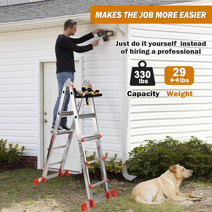 Soctone Ladder, A Frame Extension Ladder, Multi Position with Stabilizer Bar, 330 lbs Weight Rating Telescoping Ladder for Household or Outdoor Work, 14.5 Ft, Orange